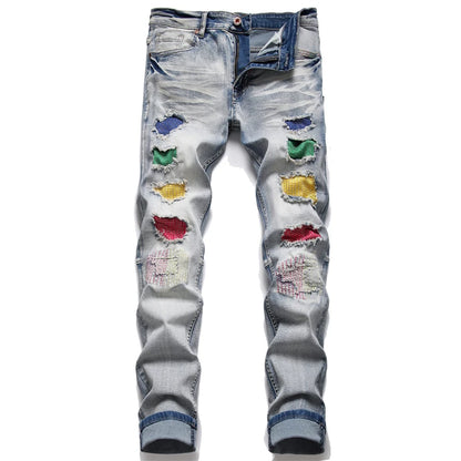 Dropshipping Fashion New Biker Jeans Men's Distressed Stretch Ripped  Hip Hop Slim Fit Holes Punk Denim Cotton Pants