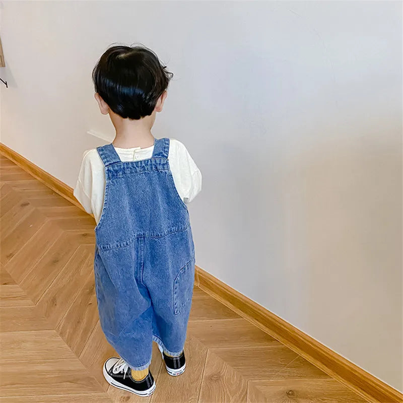 2024 New Children Loose Overalls boys girls casual all-match denim Trousers Autumn Fall Solid Outwear 1-7Y Kids bib pants