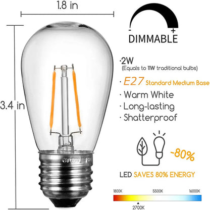 10 Pack LED S14 Replacement Light Bulbs, Equivalent to 11W, Shatterproof, Warm White Edison E27 Bulbs for Outdoor String Lights