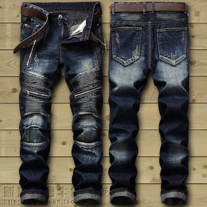 Dropshipping Fashion New Biker Jeans Men's Distressed Stretch Ripped  Hip Hop Slim Fit Holes Punk Denim Cotton Pants