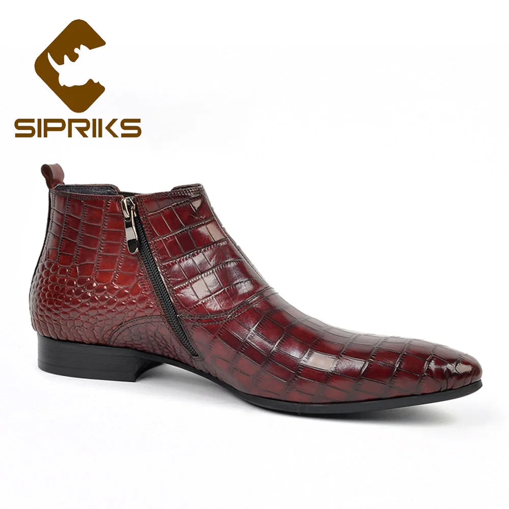 Sipriks Big Size 37 45 Wine Red Chelsea Boots Mens Wine Red Leather Zip Shoes Fashion Printed Crocodile Skin Cowboy Ankle Boot