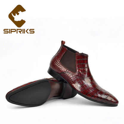 Sipriks Big Size 37 45 Wine Red Chelsea Boots Mens Wine Red Leather Zip Shoes Fashion Printed Crocodile Skin Cowboy Ankle Boot