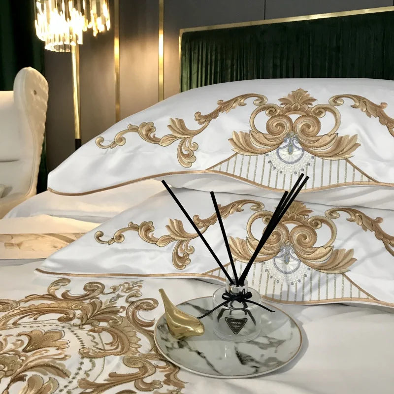 Luxury White Bedding Set, 60S Satin Cotton, Royal Gold Embroidery, Soft, Duvet Cover Set, Bed Sheet, Pillowcases, 4 Pcs, 5Pcs