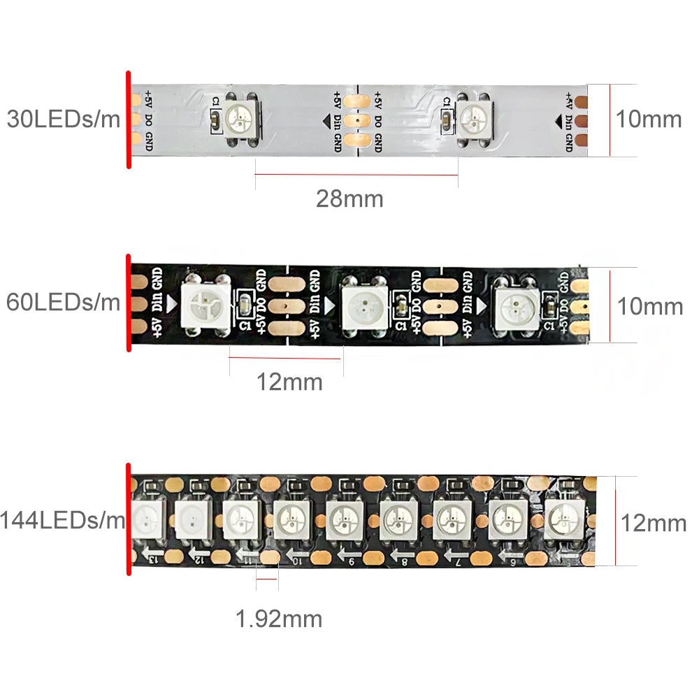 DC5V WS2812B 5m/Roll 30/60/144leds/m Black/White PCB IP30/IP65/IP67 5050RGB Individually Addressable Smart led pixel strip light