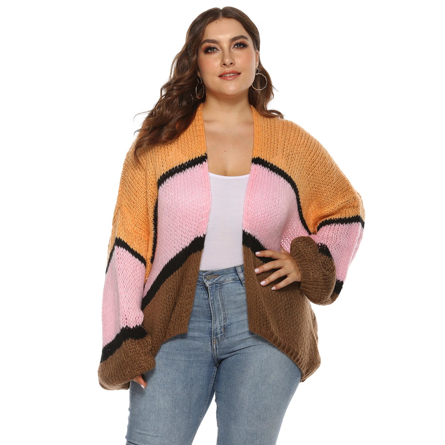 New 2024 Spring Autumn Winter Plus Size Sweater For Women Large Long Sleeve Loose Stripe Knit Cardigan Coat 5XL 6XL 7XL