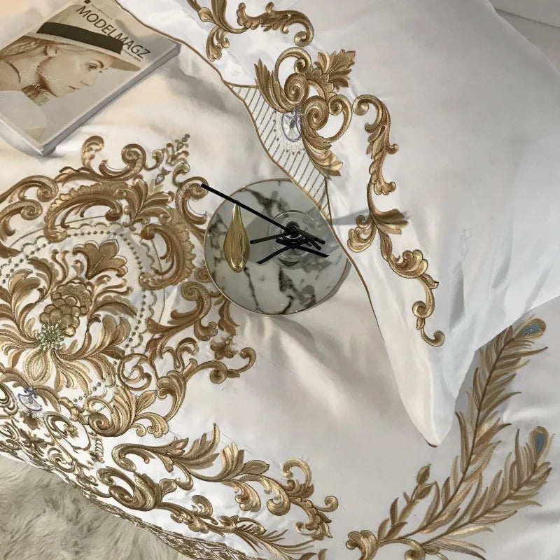 Luxury White Bedding Set, 60S Satin Cotton, Royal Gold Embroidery, Soft, Duvet Cover Set, Bed Sheet, Pillowcases, 4 Pcs, 5Pcs