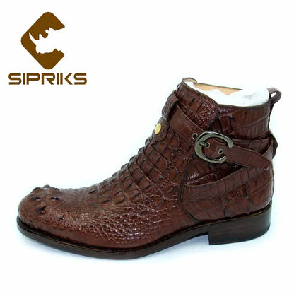 Sipriks Mens Buckle Strap Shoes Dark Brown Crocodile Leather Boots Italian Designer Genuine Leather Sole Ankle Boots Cowboy Male