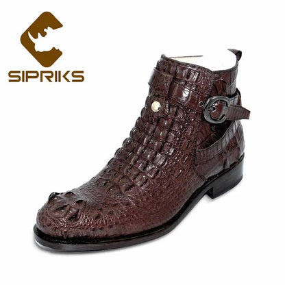 Sipriks Mens Buckle Strap Shoes Dark Brown Crocodile Leather Boots Italian Designer Genuine Leather Sole Ankle Boots Cowboy Male