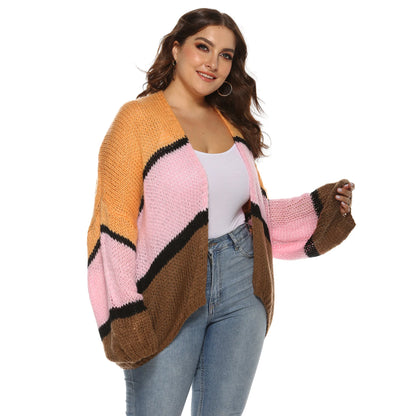 New 2024 Spring Autumn Winter Plus Size Sweater For Women Large Long Sleeve Loose Stripe Knit Cardigan Coat 5XL 6XL 7XL