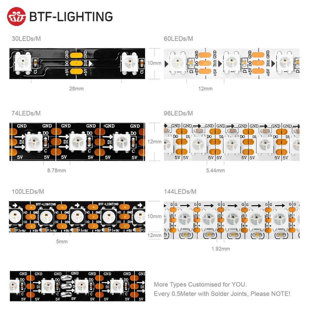 WS2812B Led Lights DC5V WS2812 RGB Led Strip Light Individually Addressable Smart Pixels Magic Light Black White PCB IP30 65 67