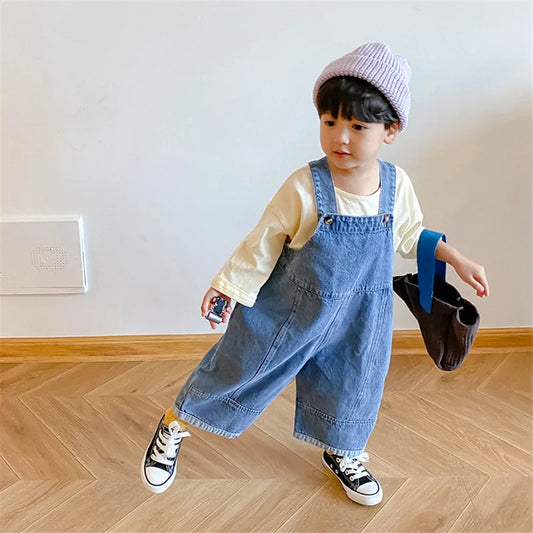 2024 New Children Loose Overalls boys girls casual all-match denim Trousers Autumn Fall Solid Outwear 1-7Y Kids bib pants