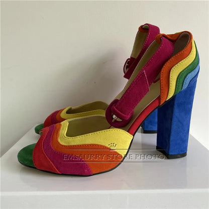 2024 Colorful Sandals Women Peep Toe Sexy Slim Shallow Party Shoes Chunky Square High Heel Walking Footwear Rainbow Sandalias