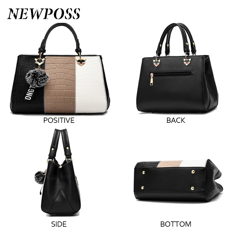 Newposs Women's Handbags Leather Stitching Wild Bags for Women 2022 Casual Tote Ladies Bags Bolsos Fur Women Messenger Bags