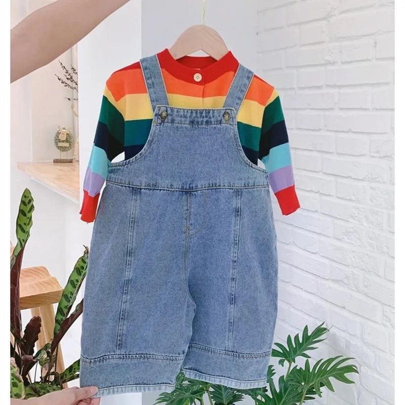 2024 New Children Loose Overalls boys girls casual all-match denim Trousers Autumn Fall Solid Outwear 1-7Y Kids bib pants