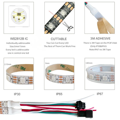 DC5V WS2812B 5m/Roll 30/60/144leds/m Black/White PCB IP30/IP65/IP67 5050RGB Individually Addressable Smart led pixel strip light