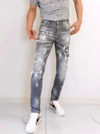 Slim-Fitting Ankle-Tied Ripped Washed Jeans