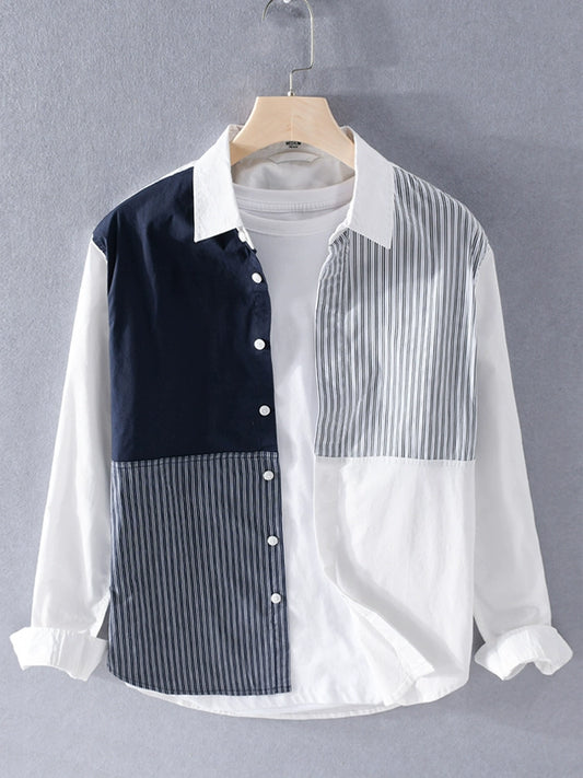 Fashion Long Sleeve Japanese Comfort and Casual Color Matching Cotton Shirt