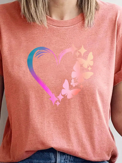 European and American Women's Clothing Women T-shirt Loose Thin Short Sleeve round Neck Plus Size T-Shirt Female Gradient Heart Butterfly