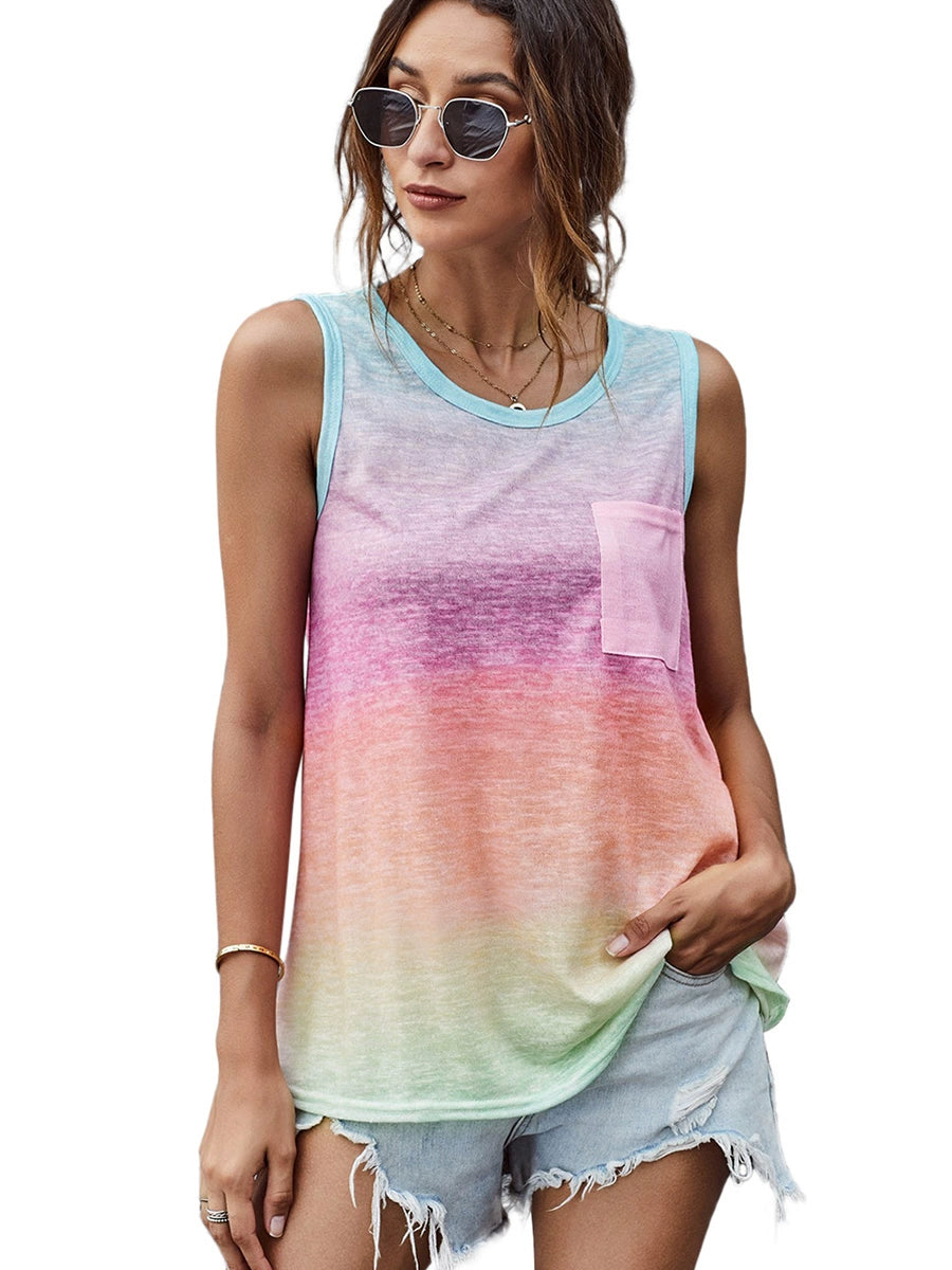 Fashion Loose Gradient Color Pullover Tank Top Sleeveless T-shirt.