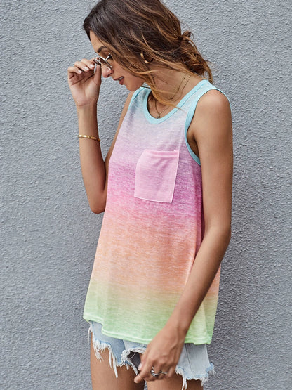 Fashion Loose Gradient Color Pullover Tank Top Sleeveless T-shirt.