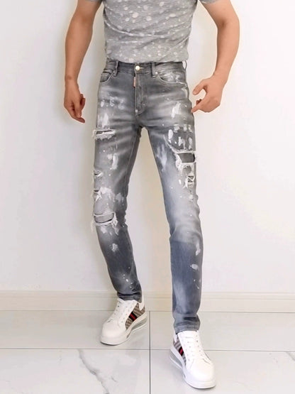 Slim-Fitting Ankle-Tied Ripped Washed Jeans