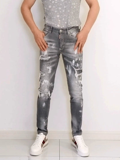 Slim-Fitting Ankle-Tied Ripped Washed Jeans