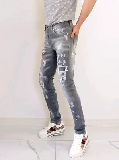 Slim-Fitting Ankle-Tied Ripped Washed Jeans