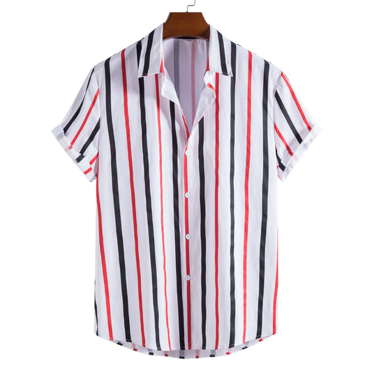 Fashion European and American Style Striped Contrast Color Lapels Short Sleeve Shirt