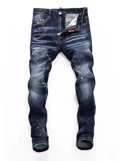 Ripped Spring Patch Zipper Micro Elastic Denim