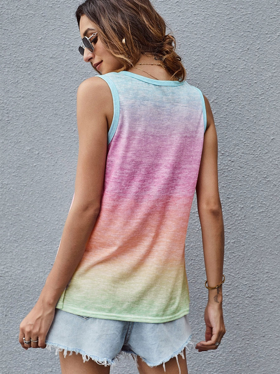 Fashion Loose Gradient Color Pullover Tank Top Sleeveless T-shirt.