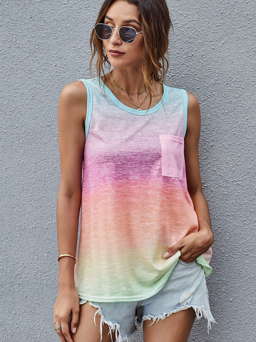 Fashion Loose Gradient Color Pullover Tank Top Sleeveless T-shirt.