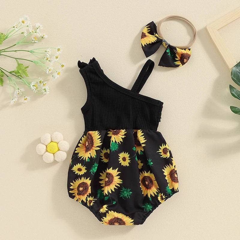 Pudcoco Baby Girl 2 Piece Outfits Sunflower Print Asymmetrical Sleeveless Romper Headband Set Cute Fashion Summer Clothes 0-12M.