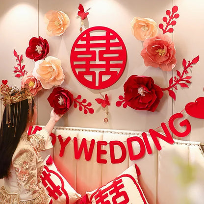 Chinese Wedding Decoration 3D Red Flower Happy Words Decor For Wedding Room Living Room TV Background Wall Party Supplies