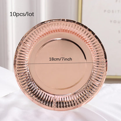 Rose Gold Disposable Tableware Party Table Decoration Paper Cups Plates Straws Wedding Birthday Party Tableware Supplies