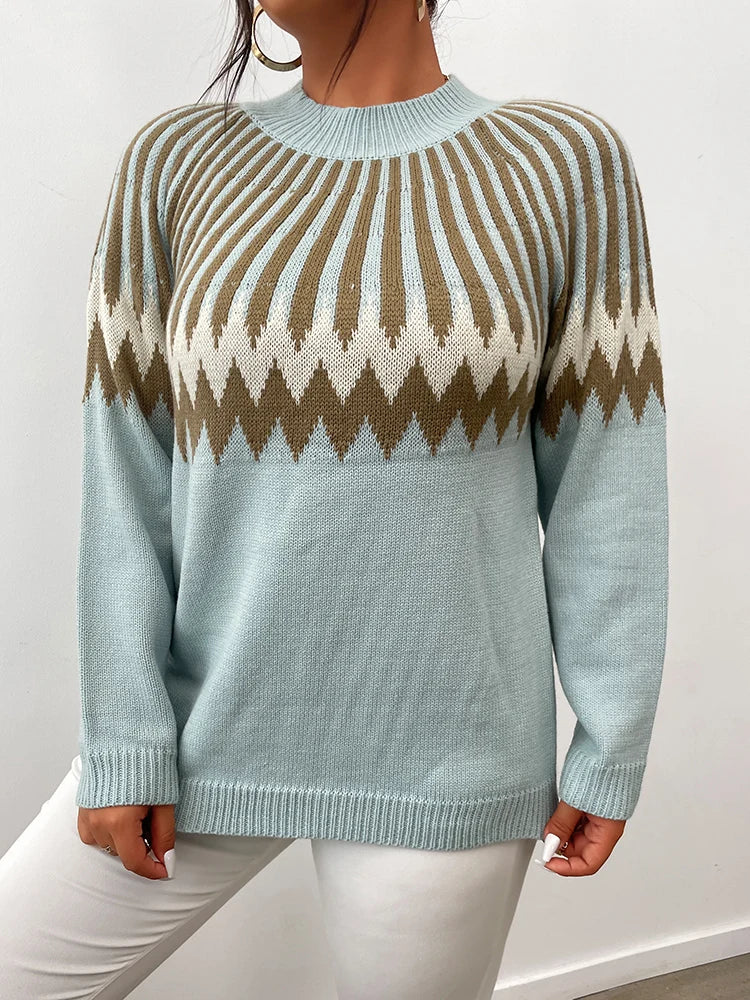 ONELINK Plus Size Women's Sweater Brown Blue Geometric Print Crew Neck Knitting Pullover Long Sleeve Flat Stitch Oversize Top