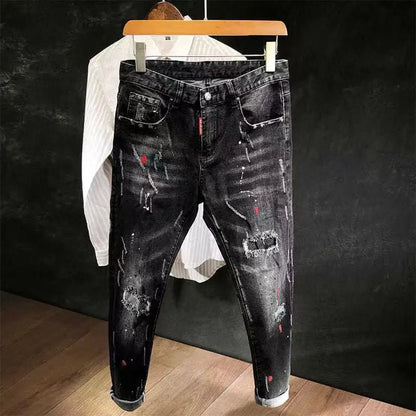 New 2023 Autumn Korean Style Work Ripped Hole Black Cowboy Hip Hop Dotting Ink Slim Jeans Men's Luxury Denim Pants for Men