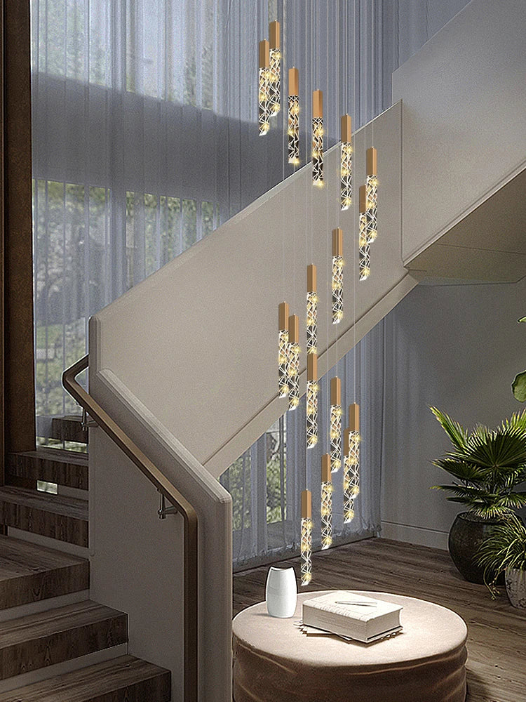 Crystal Staircase Pendant Lamp Modern Gold Lighting Fixture Ceiling Hang Pendant Light Luster Indoor Villa Loft Stair Chandelier