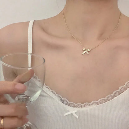 Silver Bow Clavicle Chain Necklace - Acrylic Crystal Pendant