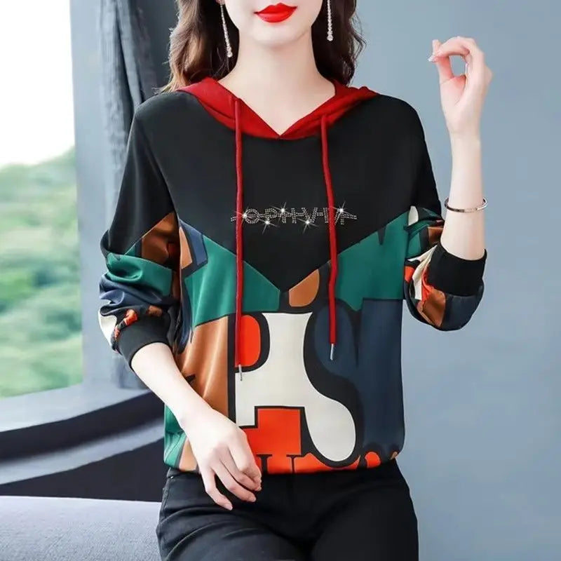 Women's Pullover Drawstring Hooded Patchwork Long Sleeve New Sweater Autumn and Winter Loose Printed Diamonds Letter Casual Tops