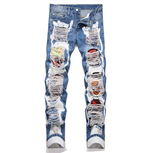 High Street Men Ripped Patch Jeans Mid-Waist Casual Straight Leg Hip Hop Pants Trend Casual Pants