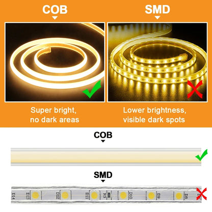 COB LED Strip 220V High Brightness Led Light Waterproof Flexible Ribbon Tape for Room Bedroom Kitchen, Outdoor Garden Lighting