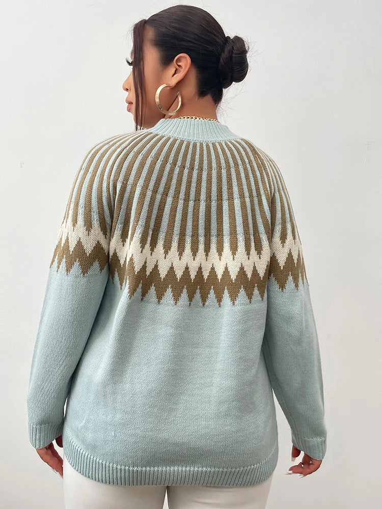 ONELINK Plus Size Women's Sweater Brown Blue Geometric Print Crew Neck Knitting Pullover Long Sleeve Flat Stitch Oversize Top