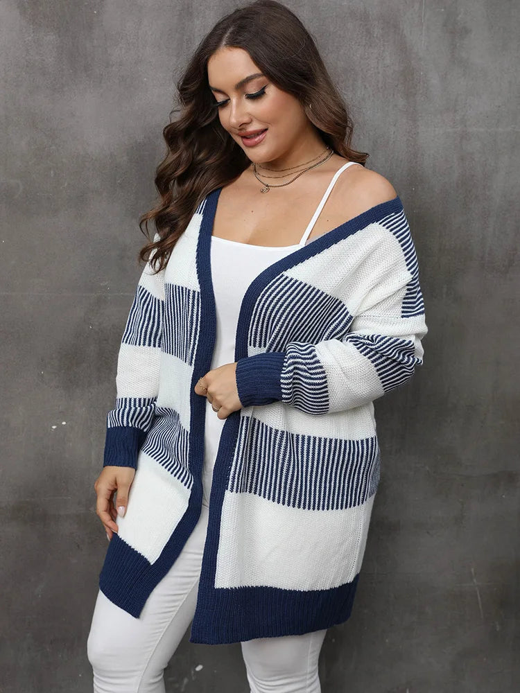 GIBSIE Plus Size Women's Cardigan Contrasting Color Striped Open Front Knitted Sweater Fall Winter Casual Long Cardigan Coat