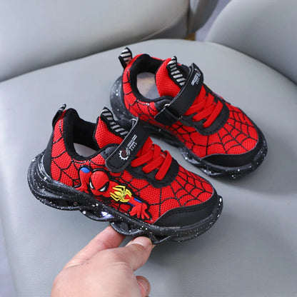 Spring Autumn Boys Spiderman Mesh Breathable Sport Shoes Disney LED Children's Sneakers Kids Casual Shoes Light Shoes for 0-6Y