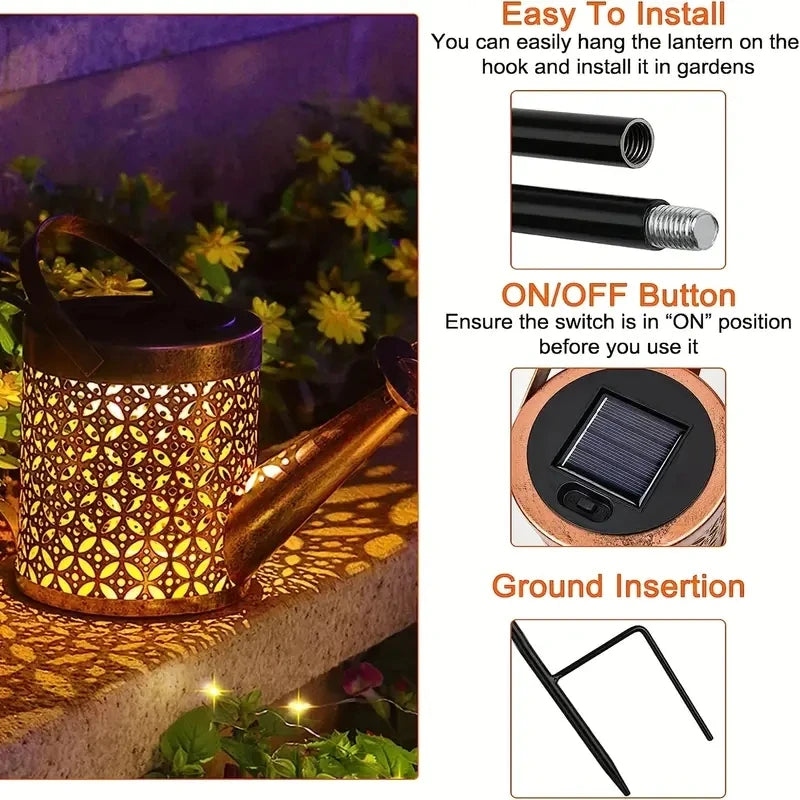 Solar Watering Can Lights LED Outdoor Metal Waterproof Hanging Lantern String Lights Garden Lawn Pathway Lights Yard Decorations