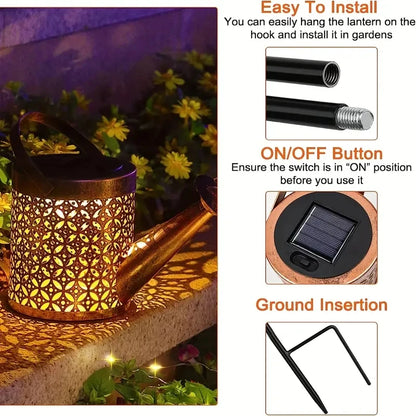 Solar Watering Can Lights LED Outdoor Metal Waterproof Hanging Lantern String Lights Garden Lawn Pathway Lights Yard Decorations