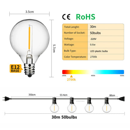 15M 30M G40 LED String Light Fairy Outdoor Light Garland Retro Wedding Backyard Decoration Garden Patio Light String