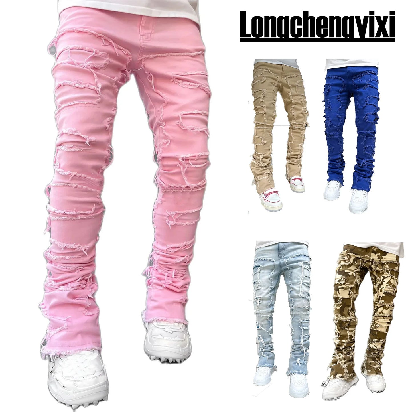 Men's Regular Fit Stacked Jeans Ripped Slim Fit Patch Distressed Destroyed Straight Denim Pants Hip Hop Streetwear Trouser Cloth