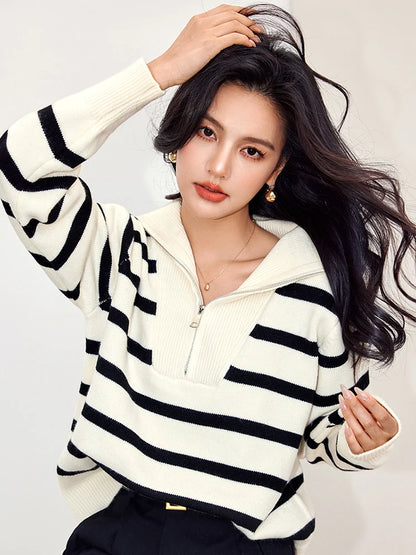 Women's Autumn Winter New Fashion Retro Lapel Half Zipper Contrasting Stripes Sweater Casual Long Sleeved Loose Knitted Coat