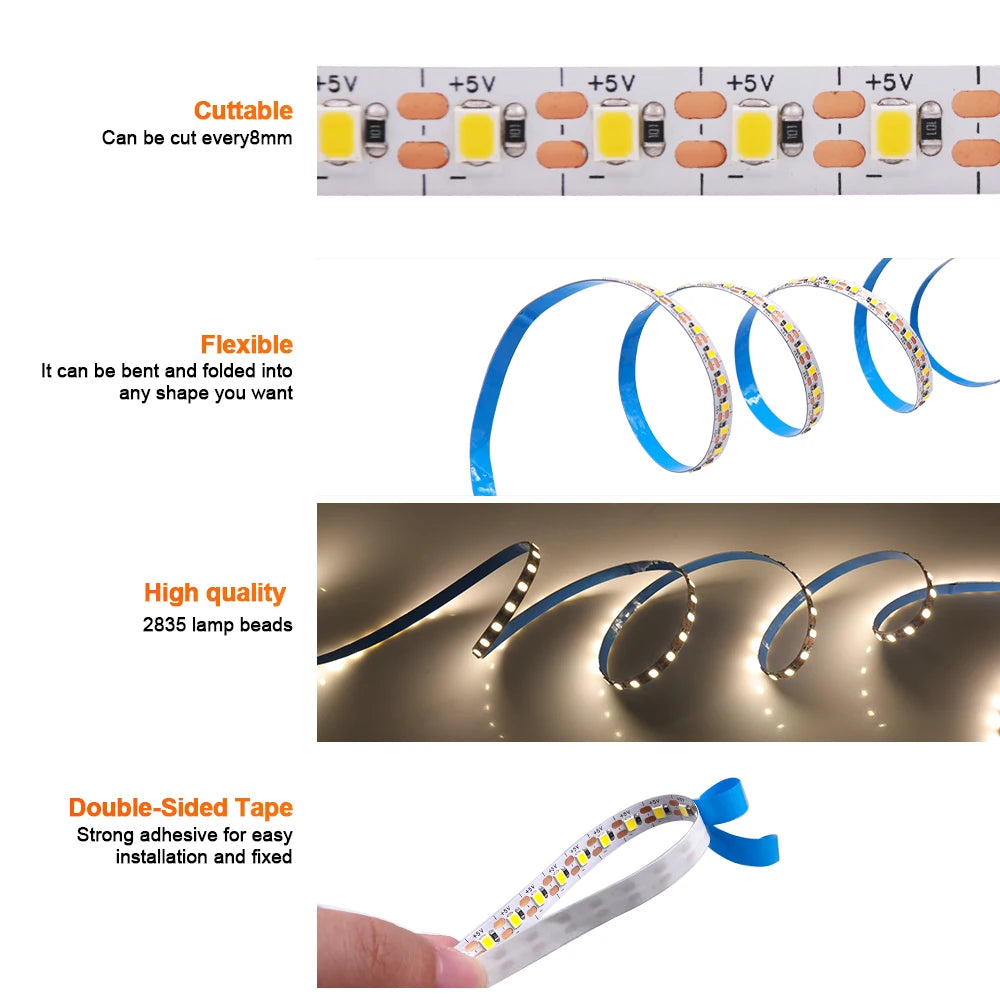 5V 2835 LED Strip Light 3mm 5mm 8mm PCB Width 120Leds/m Flexible LED Tape Ribbon Diode USB/2PIN Wire Led Lights for Room Decor